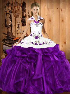 Purple Sleeveless Embroidery and Ruffles Floor Length 15 Quinceanera Dress
