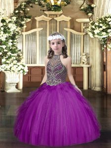 Beauteous Purple Tulle Lace Up Little Girl Pageant Dress Sleeveless Floor Length Beading and Ruffles