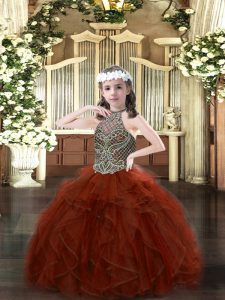 Elegant Rust Red Halter Top Lace Up Beading and Ruffles Little Girl Pageant Dress Sleeveless