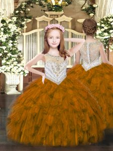 Brown Sleeveless Beading Floor Length Little Girls Pageant Dress