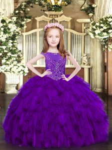 Customized Purple Scoop Neckline Beading and Ruffles Pageant Gowns For Girls Sleeveless Zipper