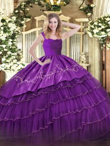 Comfortable Eggplant Purple Ball Gowns Straps Sleeveless Organza and Taffeta Floor Length Zipper Embroidery and Ruffled Layers Quinceanera Gown
