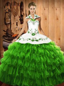 Fine Floor Length Quinceanera Gown Halter Top Sleeveless Lace Up