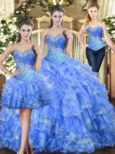 Trendy Sleeveless Floor Length Beading and Ruffles Lace Up Vestidos de Quinceanera with Baby Blue
