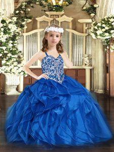 Blue Straps Neckline Beading and Ruffles Child Pageant Dress Sleeveless Lace Up