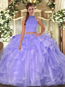 Pretty Halter Top Sleeveless Organza Quinceanera Gowns Beading and Ruffles Side Zipper