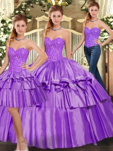 Eggplant Purple Quinceanera Gowns Military Ball and Sweet 16 and Quinceanera with Beading and Ruffled Layers Sweetheart Sleeveless Lace Up