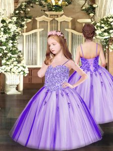 Excellent Lavender Ball Gowns Spaghetti Straps Sleeveless Tulle Floor Length Lace Up Appliques Little Girls Pageant Dress