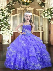 Gorgeous Lavender Organza Lace Up Little Girl Pageant Gowns Sleeveless Floor Length Beading and Ruffled Layers