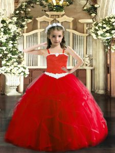 Red Tulle Lace Up Girls Pageant Dresses Sleeveless Floor Length Appliques and Ruffles
