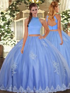 Flare Sleeveless Tulle Floor Length Backless 15 Quinceanera Dress in Baby Blue with Beading and Appliques
