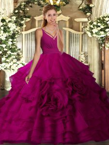 Pretty Fuchsia Ball Gowns Ruffled Layers 15th Birthday Dress Backless Organza Sleeveless Floor Length