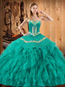 Turquoise Quince Ball Gowns Military Ball and Sweet 16 and Quinceanera with Embroidery and Ruffles Sweetheart Sleeveless Lace Up