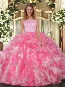 Hot Pink Organza Clasp Handle Scoop Sleeveless Floor Length Quinceanera Dress Lace and Ruffles