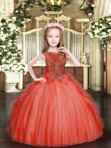 Amazing Red Ball Gowns Scoop Sleeveless Tulle Floor Length Zipper Beading and Ruffles Pageant Gowns For Girls