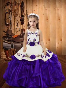 Graceful Purple Sleeveless Floor Length Embroidery and Ruffles Lace Up Little Girl Pageant Gowns