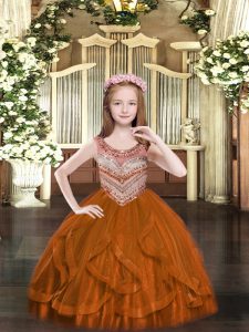 Unique Rust Red Sleeveless Beading and Ruffles Floor Length Little Girls Pageant Dress Wholesale
