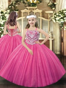 Exquisite Floor Length Lace Up Kids Pageant Dress Hot Pink for Party and Quinceanera with Beading