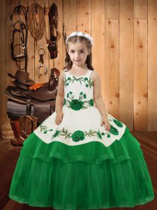 Fashion Green Lace Up Kids Formal Wear Embroidery and Ruffled Layers Sleeveless Floor Length