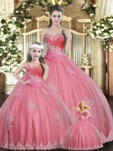 Watermelon Red Ball Gowns Beading Ball Gown Prom Dress Lace Up Tulle Sleeveless Floor Length