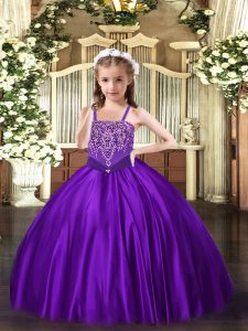 Satin Straps Sleeveless Lace Up Beading Little Girl Pageant Gowns in Purple