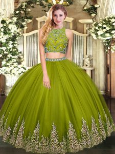 Custom Designed Olive Green Sleeveless Tulle Zipper Sweet 16 Quinceanera Dress for Military Ball and Sweet 16 and Quinceanera