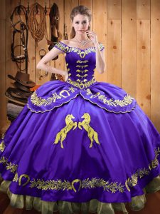 Beautiful Eggplant Purple Satin and Organza Lace Up Off The Shoulder Sleeveless Floor Length Sweet 16 Dresses Beading and Embroidery