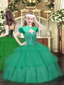 Fashionable Turquoise Ball Gowns Straps Sleeveless Organza Floor Length Lace Up Beading and Ruffled Layers Little Girls Pageant Gowns