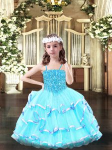 Aqua Blue Ball Gowns Beading and Ruffled Layers Little Girls Pageant Dress Lace Up Organza Sleeveless Floor Length