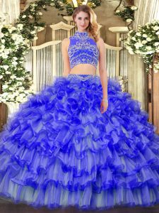 Blue Backless High-neck Beading and Ruffled Layers Quinceanera Dresses Tulle Sleeveless
