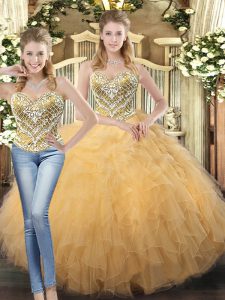 Gold Ball Gowns Beading and Ruffles Quince Ball Gowns Lace Up Tulle Sleeveless Floor Length