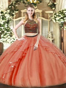 Rust Red Sleeveless Organza Zipper Ball Gown Prom Dress for Military Ball and Sweet 16 and Quinceanera