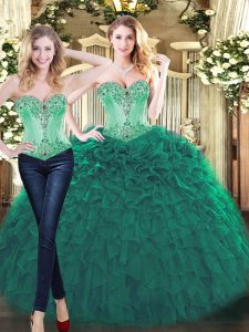 Green Organza Lace Up Sweetheart Sleeveless Floor Length Quinceanera Gowns Beading and Ruffles