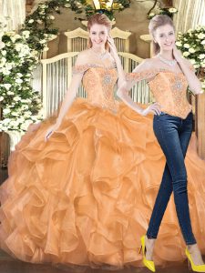 Sleeveless Organza Floor Length Lace Up Vestidos de Quinceanera in Orange Red with Beading and Ruffles