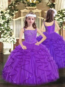 Purple Ball Gowns Tulle Straps Sleeveless Beading and Ruffles Floor Length Lace Up Little Girls Pageant Dress