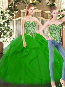 Inexpensive Green Ball Gowns Organza Sweetheart Sleeveless Beading and Ruffles Floor Length Lace Up Quinceanera Gowns