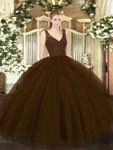 Sumptuous Beading Ball Gown Prom Dress Brown Zipper Sleeveless Floor Length