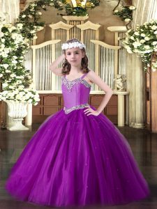 Sleeveless Floor Length Beading Lace Up Pageant Dresses with Eggplant Purple