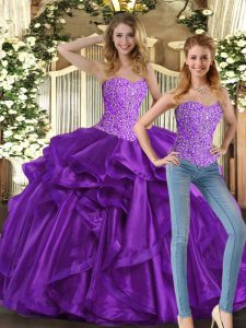 Sleeveless Floor Length Beading and Ruffles Lace Up Quinceanera Dress with Eggplant Purple