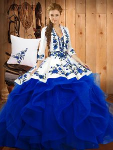Blue Satin and Organza Lace Up 15th Birthday Dress Sleeveless Floor Length Embroidery