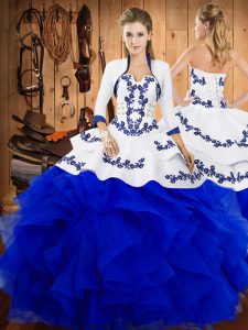 Superior Blue Sleeveless Embroidery and Ruffles Floor Length Sweet 16 Dress