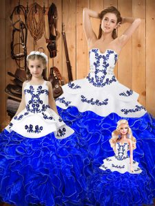 Royal Blue Lace Up Quinceanera Dresses Embroidery and Ruffles Sleeveless Floor Length