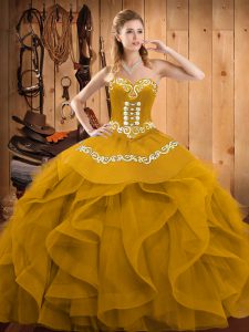 Beauteous Gold Organza Lace Up Quinceanera Dress Sleeveless Floor Length Embroidery and Ruffles