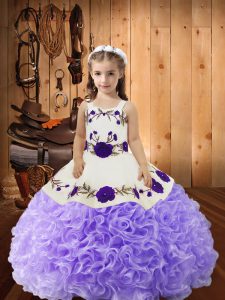 Sleeveless Fabric With Rolling Flowers Floor Length Lace Up Pageant Gowns For Girls in Lavender with Embroidery and Ruffles