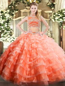 Luxury Orange Red Sleeveless Beading and Ruffled Layers Floor Length 15 Quinceanera Dress