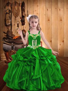 Elegant Floor Length Lace Up Kids Pageant Dress Green for Sweet 16 and Quinceanera with Embroidery and Ruffles