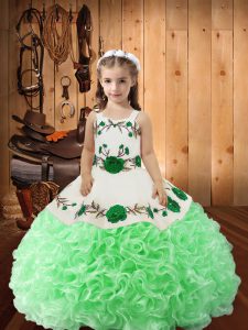 Excellent Straps Sleeveless Child Pageant Dress Floor Length Embroidery and Ruffles Green Fabric With Rolling Flowers