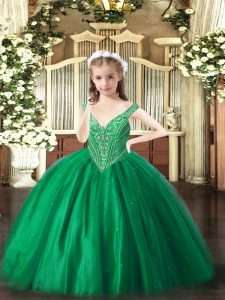 Green V-neck Lace Up Beading Little Girls Pageant Dress Wholesale Sleeveless