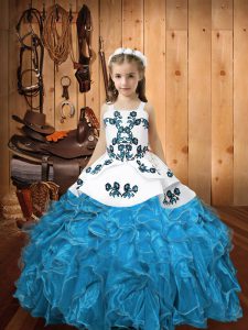 Sweet Sleeveless Lace Up Floor Length Embroidery and Ruffles Little Girl Pageant Gowns