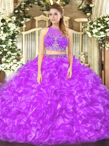Sleeveless Floor Length Beading and Ruffles Zipper Quince Ball Gowns with Lilac